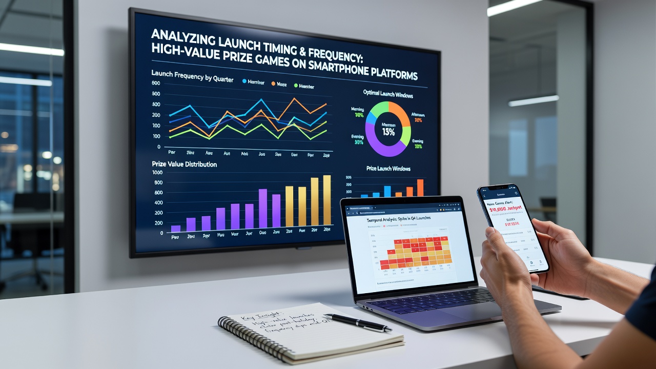 Grafiek die timing en frequentie toont van high-value prize game lanceringen op smartphones in Nederland met data uit 2026